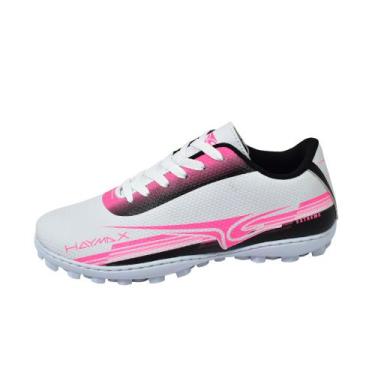Imagem de Chuteira Society Premium EX Original Lançamento Haymax, Branco, Rosa, 