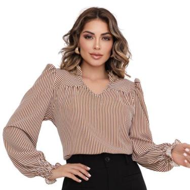 Imagem de Blusa Manga Longa Feminina Listrada Social Gola V Bufante - LOOK MODAS