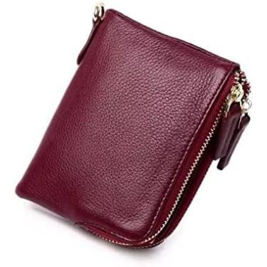 Imagem de Carteira feminina pequena de couro genuíno com zíper bolsa de moeda curta de luxo bolso duplo, vinho tinto, 12x2x9cm, atualizado1