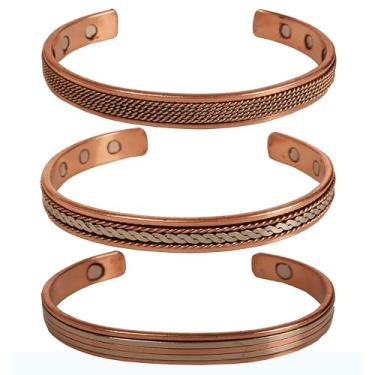 Imagem de INDTRESOR Pulseira magnética de cobre estilo tibetano. Forjada à mão com cobre puro sólido e de alto calibre. Conjunto de 3 designs diferentes em estilo trançado de arame curvo.