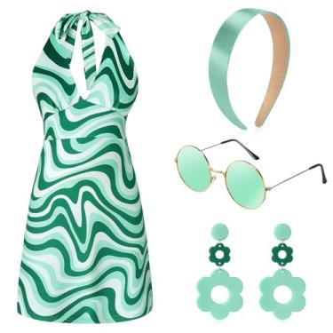 Imagem de SATINIOR 4 peças de fantasia hippie feminina dos anos 60 e 70, roupa de discoteca retrô, brincos descolados, faixa de cabeça, vestido de óculos de sol para festa de Halloween, Verde, M