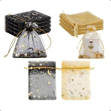 Imagem de Ksheria Sacos de organza com 100 peças, sacos de doces de estrela da lua de 10 x 15 cm para lembrancinhas de festa, bolsa de malha dourada e preta, sacos de lembrancinhas de festa com cordão, sacolas