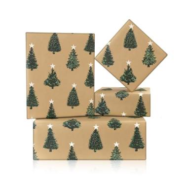 Imagem de Papel de embrulho de Natal – Mini rolo – Papel de embrulho marrom Kraft com design de árvores de Natal e estrelas, embalagem de presente para festa de Natal, férias de inverno, chá de bebê, 43 cm x 3
