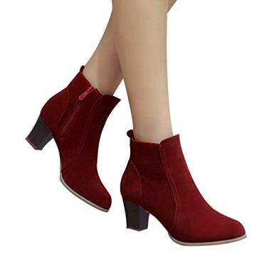 Imagem de Bigfanshu Botas femininas até o meio da panturrilha com salto no tornozelo inverno 2019 moda camurça botas de couro alto sapatos femininos botas, Vinho tinto, 11