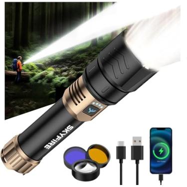 Imagem de SKYFIRE Lanternas recarregáveis de alto lúmen com lente de ignição e luz branca amarela azul, lanterna LED super brilhante de 5000 mAh, com zoom, 4 modos, luz tática à prova d'água para uso externo