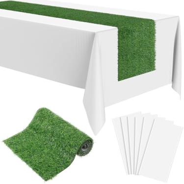Imagem de Oudain Corredor de mesa de grama artificial, 30,5 x 91 cm, verde e grama falsa, com 6 peças, toalha de mesa descartável de plástico para golfe, futebol, chá de bebê, festa de casamento, aniversário