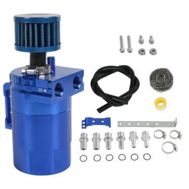 Imagem de RALZAOTO Kit de lata de captura de óleo de 300 ml com filtro de respiro, tanque de reservatório de óleo separador de óleo de alumínio com kit de mangueira de linha de combustível universal (azul)