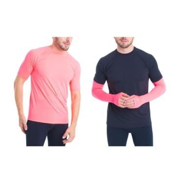 Imagem de Kit Camiseta Curta Masculina e Manguito com Dedo Esportiva Proteção UV50+ Academia Fitness Trygg (G, Rosa Neon)
