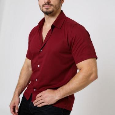 Imagem de Camisa Masculina Social Botão Manga Curta Slim - Volgue, Vermelho vinh