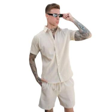 Imagem de Conjunto Linho Masculino camisa botão short moda praia - Mitchelgutto,