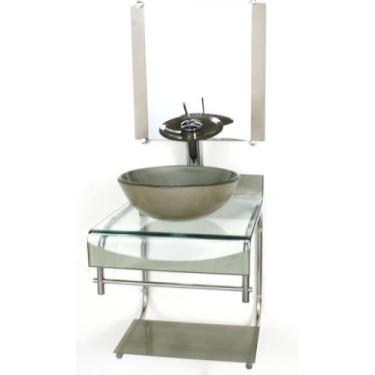 Imagem de Gabinete de vidro 40cm para banheiro curvado duplo inox cuba redonda c