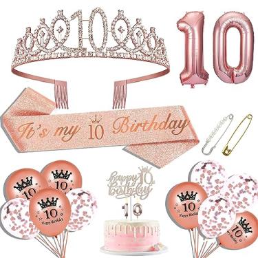 Imagem de Hysilla Decorações de aniversário de 10 anos para meninas, coroa de ouro rosa, faixa, balões, topo de bolo, velas