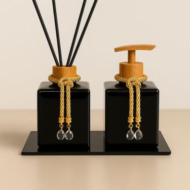 Imagem de Kit De Banheiro Lavabo Luxo Cubo De Vidro Difusor + Sabonete + Bandeja