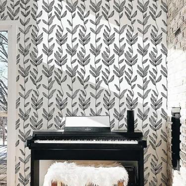 Imagem de Papel de parede com efeito vegetal retrô adesivo de renovação de armário decoração de quarto e sala de estar autoadesivo papel de parede impermeável preto e branco 44 * 1000 cm