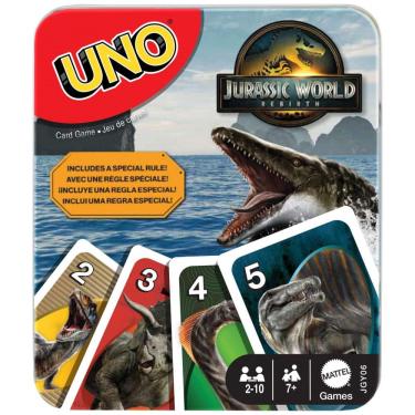 Imagem de UNO Jurassic World Rebirth Mattel Games jogo de cartas em lata colecionável com regra especial Ataque do T. rex