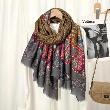 Imagem de Xale De Inverno Com Estampa Azteca Floral E Franjas, Pashmina 180x90cm