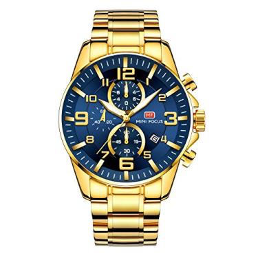 Imagem de MINI FOCUS Relógios masculinos luxuosos de tom dourado (multifunções/impermeáveis/luminosos/calendário) pulseira de aço inoxidável relógio moderno para homens, Azul