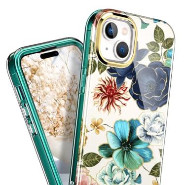 Imagem de Hocase Capa para iPhone 15 (com protetor de tela) à prova de choque fino e macio TPU bumper + capa protetora de corpo inteiro híbrida de plástico rígido para iPhone 15 (tela de 6,1 polegadas) - flores