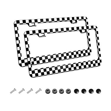 Imagem de Pacote com 2 molduras de placa de carro estilo simples preto e branco de corrida e xadrez, moldura de etiquetas de carro de alumínio com tampas de parafusos