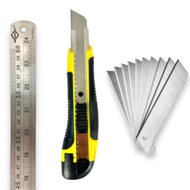 Imagem de Kit Régua Inox 60cm/24 polegadas Brasfort, Estilete Profissional Eda Emborrachado,12 Lâminas Thompson de Aço