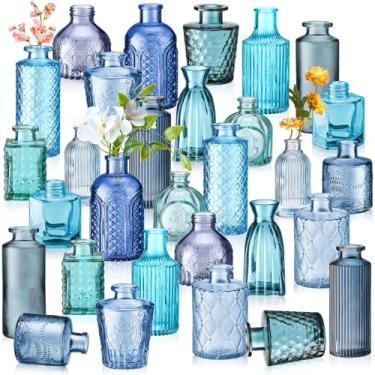 Imagem de Yaomiao 30 Vasos de vidro coloridos a granel flores bud garrafas de vidro colorido vintage colorido rústico em relevo para decoração de mesa de casamento em casa presentes (série azul)
