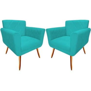 Imagem de Kit 2 Poltronas Decorativa Sabrina Suede Azul Turquesa Pés Madeira Mz 