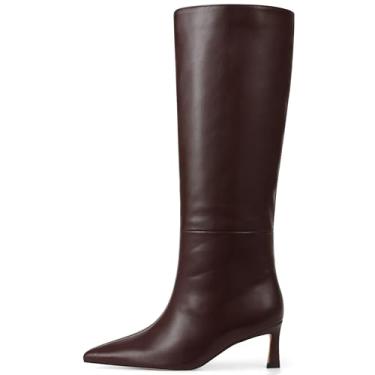 Imagem de Attiposh Botas de cano alto femininas salto gatinho largo bico fino camurça vestido moderno couro salto baixo botas altas sem cadarço, Brownpu, 38