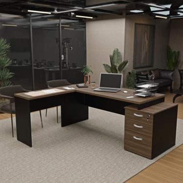 Imagem de Escrivaninha para Escritório Pedestal em L 3 Gavetas Nogal/Preto