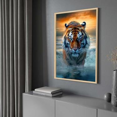 Imagem de Quadro com Moldura Tigre por do Sol Paisagem Vertical Decorativo Grande Sala Quarto Hall
