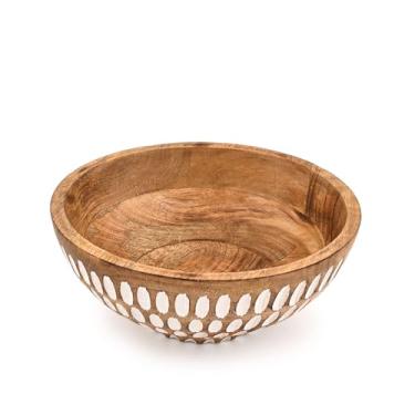 Imagem de Hanol Fruteira decorativa redonda de madeira de manga para mesa de jantar, cozinha ou presente para decoração de casa, cozinha e sala de estar (23 x 23 x 10 cm)