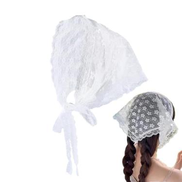 Imagem de Bandana de cabelo de renda branca para mulheres, lenço de cabelo, lenço de cabelo feminino, lenço de cabeça de flor, faixa de cabeça triangular para mulheres, acessórios de cabelo francês para