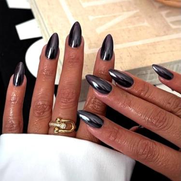 Imagem de Unhas postiças sólidas de amêndoa média com design aurora cobertura completa cola em bastão falso artificial em unhas de acrílico para mulheres, casamento, 24 peças