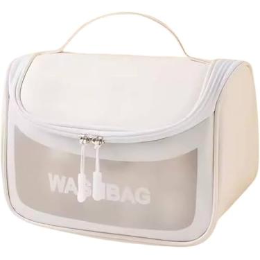 Imagem de Nécessaire Grande Transparente para Maquiagem e Viagem — Bolsa Organizadora em PU + PVC, Impermeável, com Alça (23×14×15 cm) (Branco)
