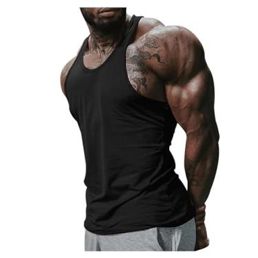 Imagem de Camiseta regata masculina, gola redonda, cor sólida, costas estilo nadador e caimento justo, sem mangas, Preto, XXG