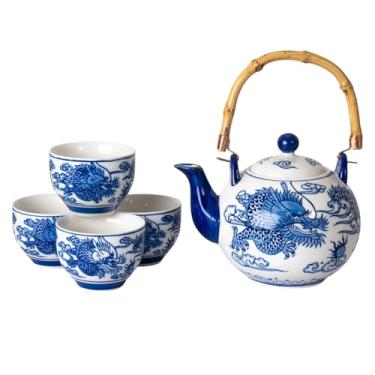 Imagem de Conjunto de chá de porcelana de 897 ml com 4 xícaras pintadas à mão oriental Ryu Dragon Design alça superior estilo japonês
