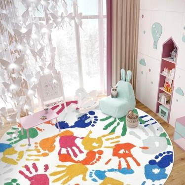 Imagem de SKGULE Tapete redondo infantil boho macio fofo para sala de jogos, colorido arco-íris, antiderrapante, lavável, tapete circular para quarto, berçário, decoração de quarto de crianças (impressão à mão