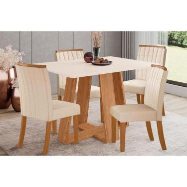 Imagem de Sala De Jantar Completa Lins Sc91 Tampo Madeirado C- Vidro Canto Reto 120x80cm E 4 Cadeiras Tauá Nature-linho - Henn