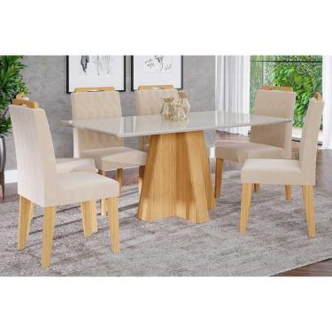 Imagem de Sala De Jantar Completa Patricia C- Tampo Madeirado C- Vidro Canto Reto 160x80cm E 6 Cadeiras Paola Savana-madeirado-suede Nude Bege - Cimol