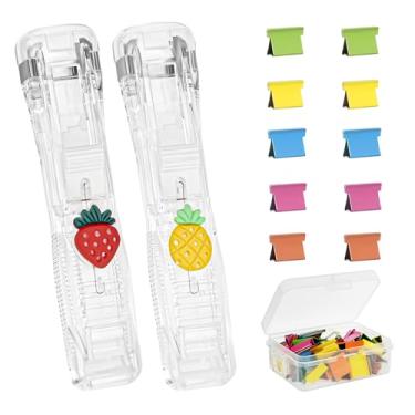 Imagem de CAIRIAC Dispensador de clipe de molusco, grampeador de plástico, dispensadores de clipe de papel, grampeadores de mesa com pequenos clipes de fichário multicoloridos, 50 peças (2 peças de morango +