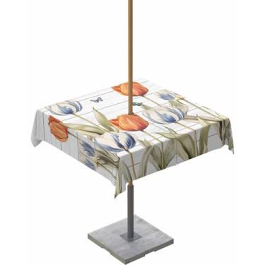 Imagem de Toalha de mesa de tulipa azul laranja para uso ao ar livre, 137 x 137 cm, retangular, flor de borboleta, flor de madeira, com orifício para guarda-chuva e zíper, impermeável, sem rugas, toalhas de