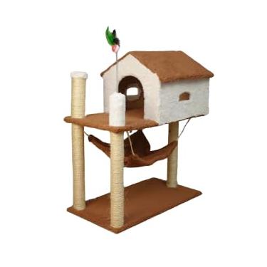 Imagem de Arranhador para Gatos com Casinha e Rede, 84 cm Altura x 61 cm Comprimento, Base Dupla, 4 Postes com Sisal (Off White)