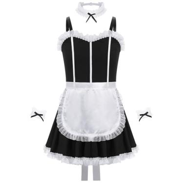 Imagem de FYMNSI Conjunto de lingerie masculina sexy para cosplay de empregada doméstica com babados, avental, gargantilha e pulseiras, 4 peças, roupa de dia dos namorados, babydoll, crossdresser, pijama preto