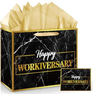 Imagem de Bolsa de embrulho Happy Work Anniversary para mulheres e homens, preto, Happy Workiversary, saco de presente com papel de seda dourado e cartão para funcionário, escritório, colega de trabalho, pastor