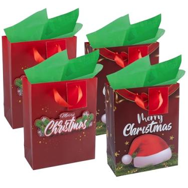 Imagem de RACHELLE'S Sacos de presente de Natal – Pequenos 22,8 x 17,8 x 7,6 cm (pacote com 4) – Sacos de presente de papel resistente com papel de seda, etiqueta e alça – Guirlanda de Natal e desenhos de