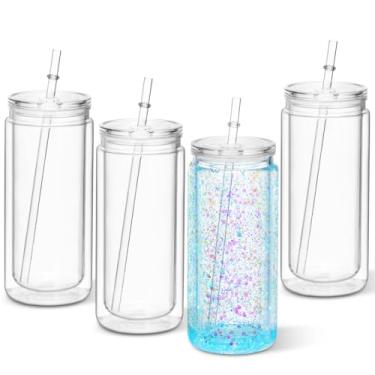 Imagem de Maucircol Copo de globo de neve acrílico de 590 ml, pacote com 4 copos de globo de neve de plástico pré-perfurado de parede dupla para globo de neve com glitter, com tampa transparente