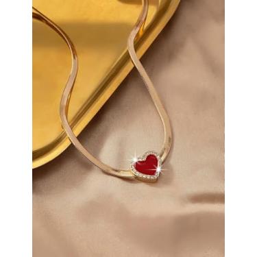 Imagem de Colares elegantes com pingente de coração de amor, delicados, banhados a ouro, colar de coração vermelho, correntes curtas e grossas de cobra, colar vintage para amantes, acessórios de joias, presente