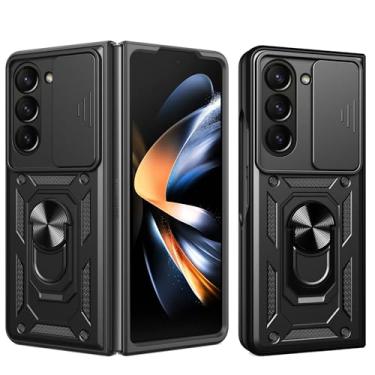 Imagem de RKINC Capa para Samsung Galaxy Z Fold 5 com capa deslizante para câmera e suporte giratório de grau militar à prova de choque com suporte magnético para carro, preta