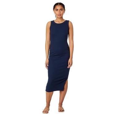 Imagem de Michael Stars Vestido midi feminino casual canelado largo com ombros recortados e fenda, Noturno, PP