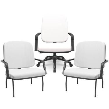 Imagem de Kit Cadeira De Escritório Giratória E 2 Cadeiras Fixas Preta Magno P03 Vinil Branco - Lyam Decor