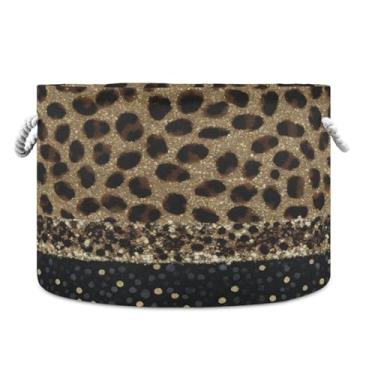 Imagem de JUZIHAI Cesta de armazenamento dobrável brilhante leopardo amarelo dourado cesto de roupa suja para bebês com alças de corda de algodão caixa de brinquedo dobrável organizador de armário para quarto